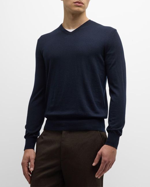 Loro Piana Blue Scollo Cashmere V-neck Sweater for men