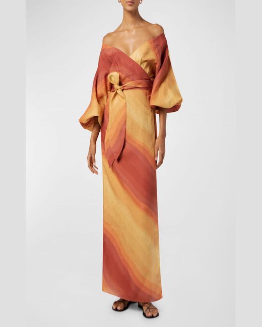 Cala De La Cruz Orange Baudo Lantern-Sleeve Long Linen Wrap Dress