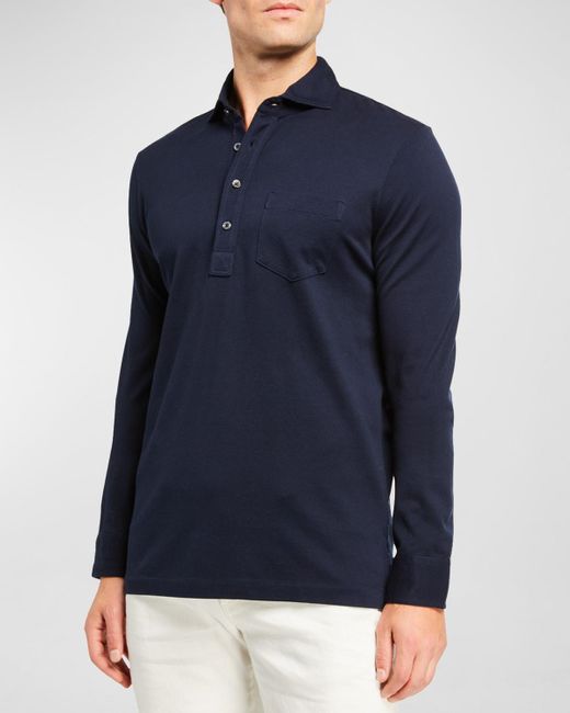 Ralph Lauren Purple Label Blue Washed Long-Sleeve Pocket Polo Shirt for men