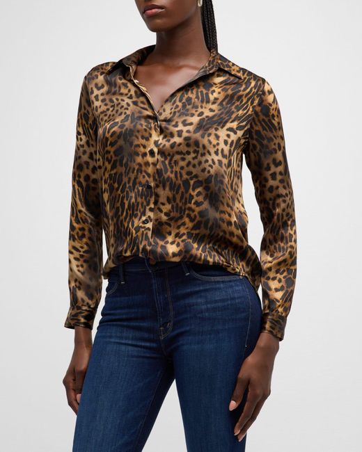 L'Agence Blue Tyler Leopard-print Silk Blouse