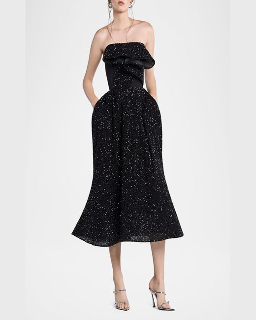 Maticevski Black Rotation Strapless Ruffle Sequined Midi Dress