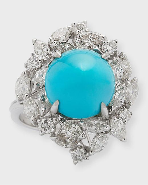 Alexander Laut Blue 18k White Gold Sugarloaf Turquoise And Diamond Ring, Size 7