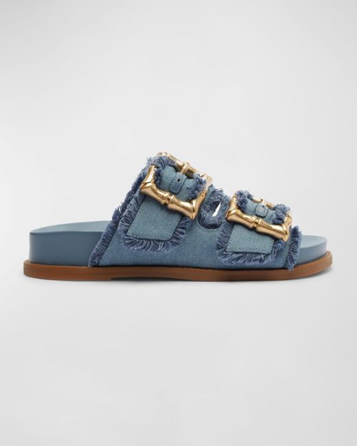 SCHUTZ SHOES Blue Enola Frayed Dual-Buckle Slide Sandals