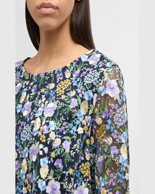 Caroline Rose Blue Flower Basket Floral-Embroidered Shift Dress
