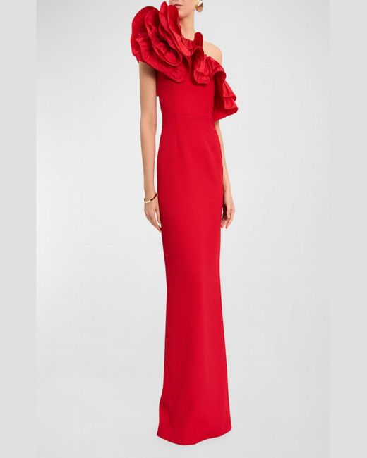 Rebecca Vallance Red Chiara One-Shoulder Ruffle Crepe Column Gown