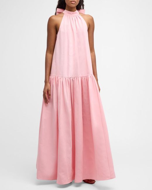 Staud Pink Marlowe Neck-Tie Tiered Maxi Dress