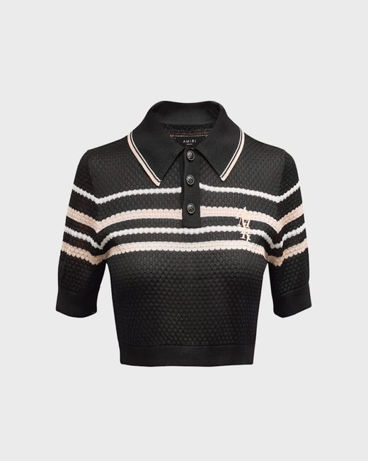 Amiri Black Striped Short-Sleeve Pointelle Knit Crop Polo Shirt