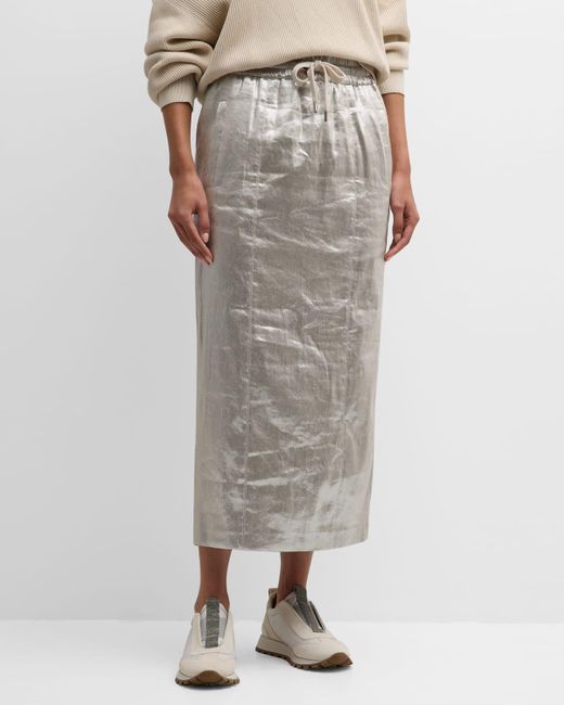 Brunello Cucinelli Gray Metallic Linen Column Midi Skirt