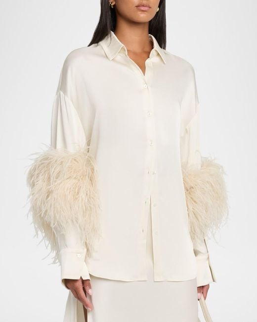 LAPOINTE Natural Satin Button-Down Blouse With Feather Trim