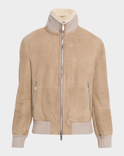 Brunello Cucinelli Natural Apos;S Shearling-Lined Suede Full-Zip Flight Jacket for men