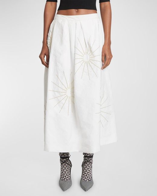 Dries Van Noten White Soni Starburst Embroidered Pleated Midi Skirt