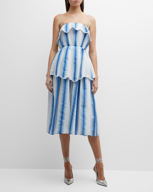 Rosie Assoulin Blue Awning Striped Scalloped Peplum Midi Dress
