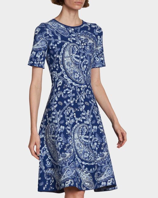 Etro Blue Paisley Knit Short-Sleeve Dress