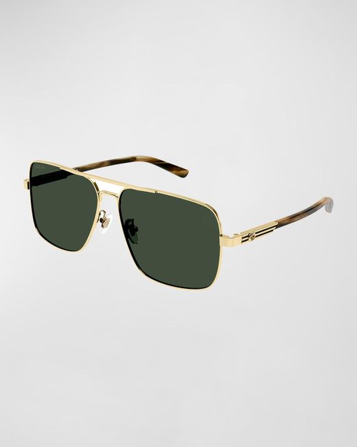 Gucci Green Stripe Logo Metal Aviator Sunglasses for men