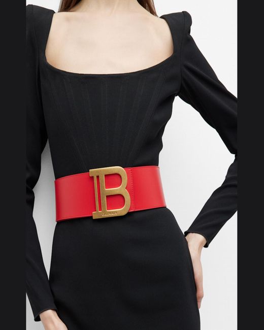 Balmain Red B Logo Calfskin Buckle Belt