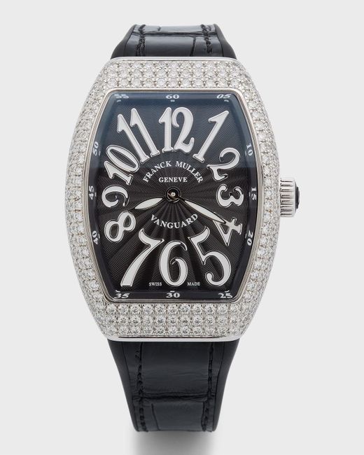 Franck Muller Gray Stainless Steel Lady Vanguard Diamond Watch With Black Alligator Strap