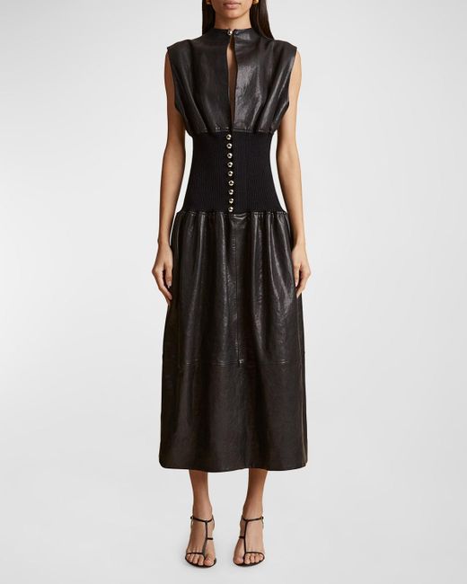 Khaite Black Uni Ribbed Waist Leather Dress