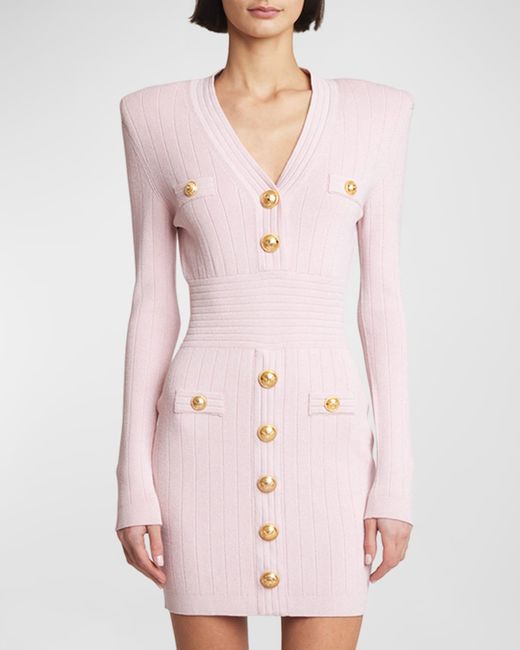 Balmain Pink Long-Sleeve Buttoned Short Knit Dress