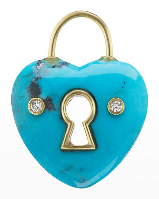 Jenna Blake Blue Yellow Gold Turquoise Heart Charm With Keyhole And 2 White Diamonds