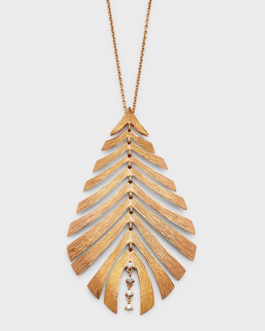 Hueb Metallic 18k Rose Gold Leaf Pendant Necklace With Diamonds