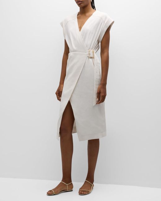Veronica Beard Natural Octavia Short-Sleeve Linen Wrap Dress