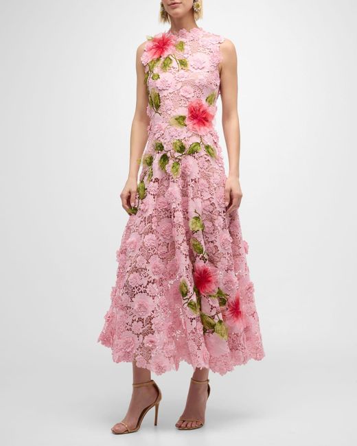 Oscar de la Renta Pink Hibiscus Embroidered Sleeveless Floral Guipure Lace Midi Dress
