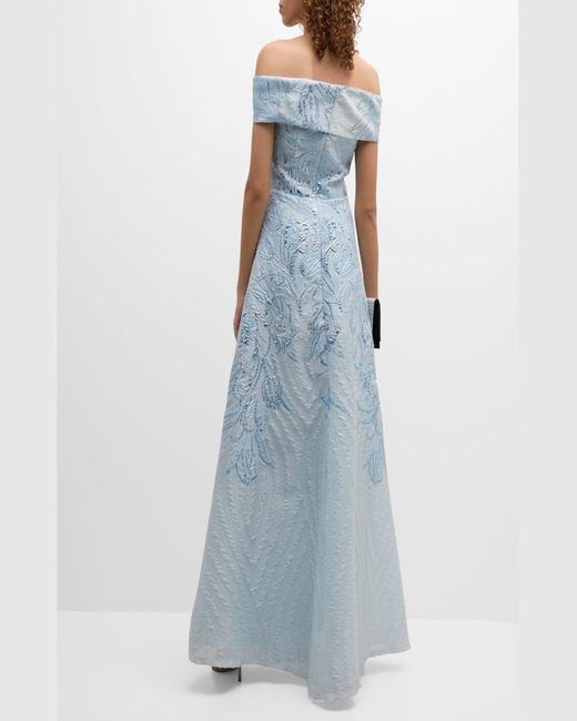 Teri Jon Blue Off-Shoulder Metallic Floral Jacquard Gown