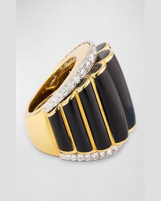 David Webb Black 18K And Platinum Scallop Ring With Enamel And Diamonds