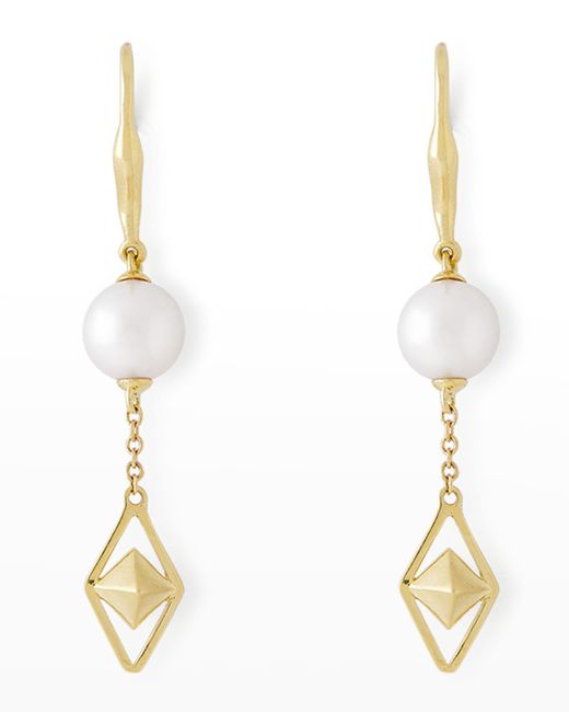 Pearls By Shari Metallic 18k Yellow Gold 8.5mm Akoya 2- Pearl And Cube Drop Earrings