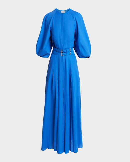Gabriela Hearst Blue Elea Puff-sleeve Belted Pleated Maxi Dress