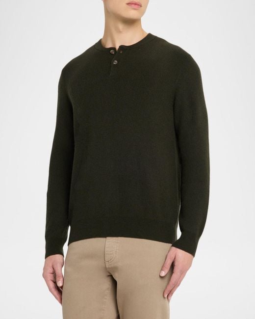 Neiman Marcus Black Apos;S Cashmere Rib Two-Button Crewneck Sweater for men