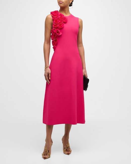 Lela Rose Pink Colorblock Flower-Applique Sleeveless Rib Midi Dress