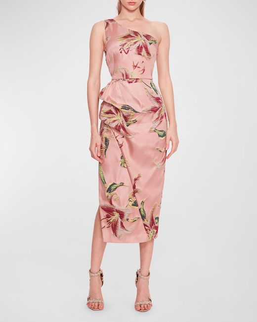 Marchesa Pink Draped One-Shoulder Floral Jacquard Midi Dress
