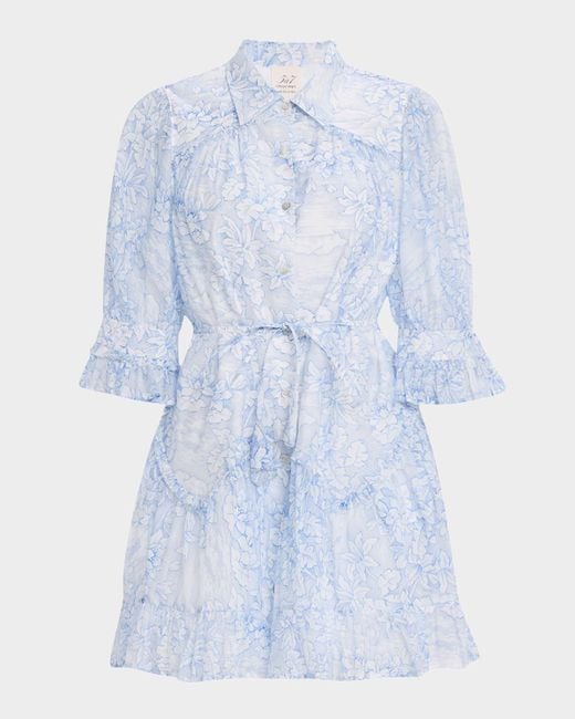 Cinq À Sept Blue Gwendoline Floral Puff-Sleeve Ruffled Mini Dress