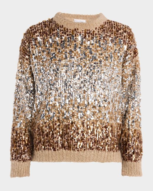 Brunello Cucinelli Brown Degrade Pailette Mohair Crewneck Sweater