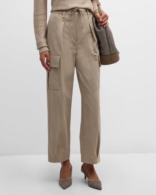 Brunello Cucinelli Natural Lightly Wrinkled Cotton Cargo Pants With Drawstring Waist