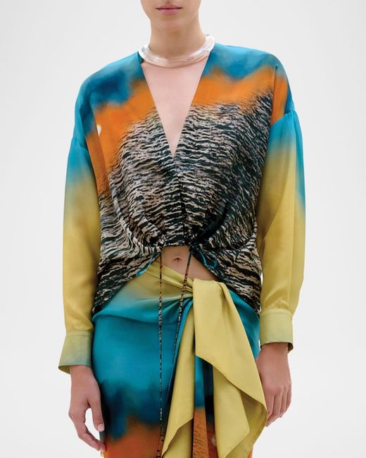 Silvia Tcherassi Blue Merida Drawstring High-Low Satin Blouse