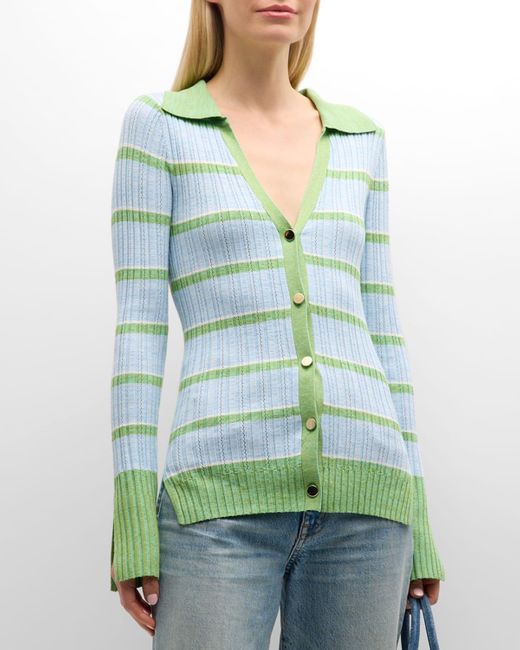 Ramy Brook Green Raya Stripe Knit Button-front Sweater