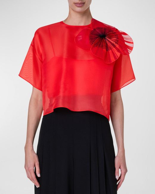 Akris Red Organza Cropped Blouse With Poppy Patch