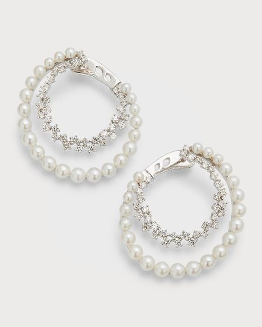 Siena Jewelry Metallic Diamond And Pearl Hoop Earrings In 14k White Gold