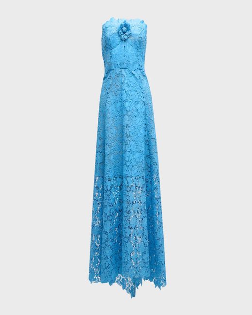 Oscar de la Renta Blue Gardenia Guipure Flower-Applique Halter Maxi Dress
