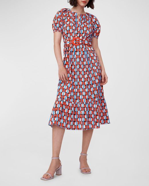 Diane von Furstenberg Red Lindy Geometric-Print Puff-Sleeve Midi Dress