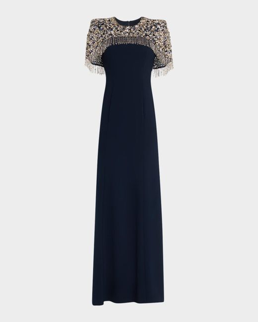 Jenny Packham Blue Rana Embellished Cape Trumpet Gown