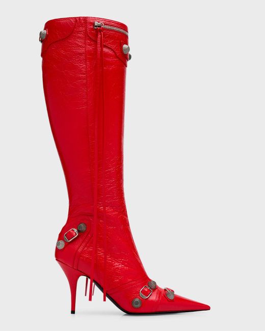 Balenciaga Red Cagole Lambskin Buckle Zip Knee Boots