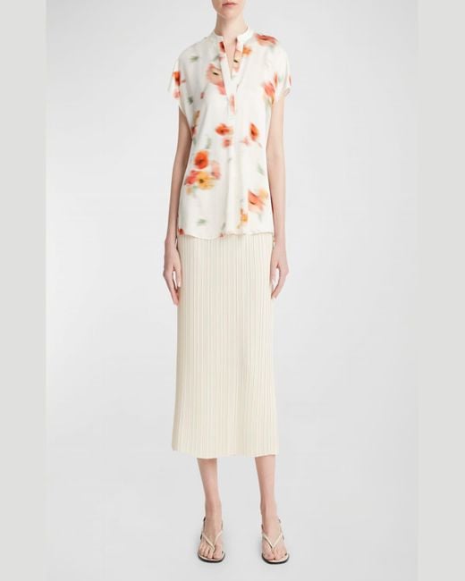 Vince Natural Poppy Blur Band-Collar Popover Silk Blouse