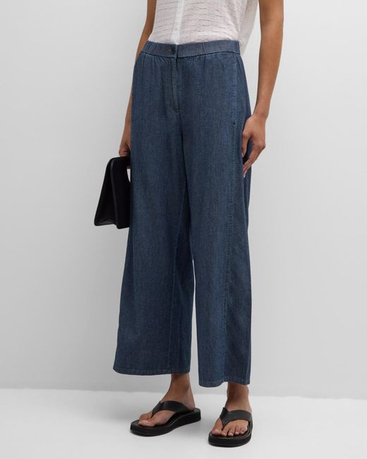 Eileen Fisher Blue Cropped Wide-Leg Organic Cotton Twill Pants