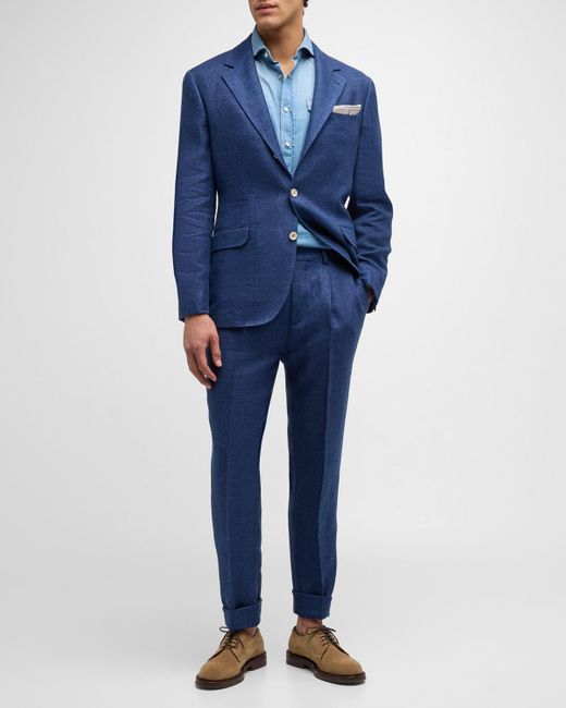 Brunello Cucinelli Blue Linen, Wool And Silk Suit for men
