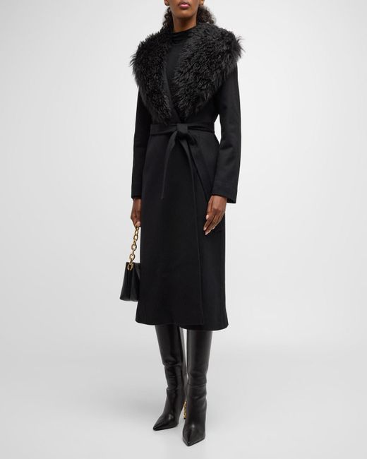 Fleurette Black Skylar Belted Wool Wrap Coat With Mohair Blend Trim