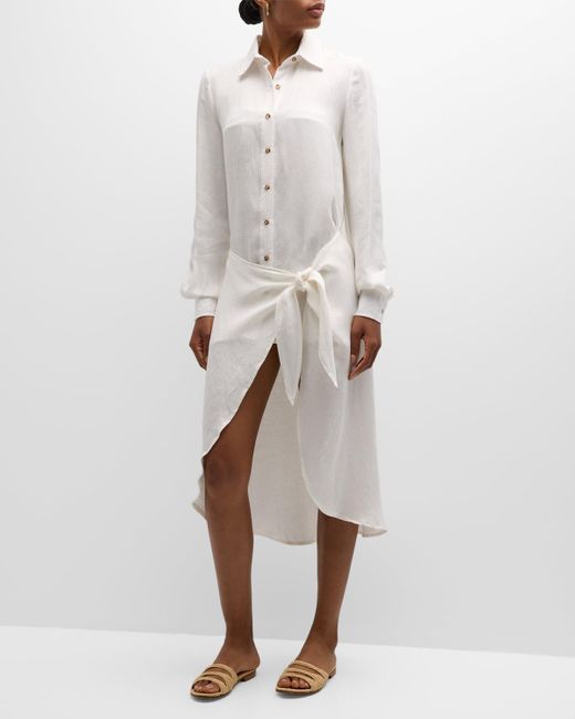 Anemos White The La Button-Front Asymmetric Wrap Midi Dress