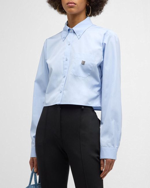 Givenchy Blue Cropped Button-Front Shirt With 4G Emblem